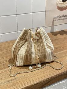 条纹时尚新款单肩斜挎包，公文包式通勤包，抽绳水桶包，配简约时尚金属链条肩带 - 卡其色 - 查看 9