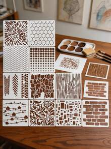 16pcs Hollow Painting Template Geometric Creative Plastic Wall Painting DIY Drawing Stencil Shielding Board Tool Material, Plastic Material Reusable And Washable For Wood Board, Fabric, Wall Printing Stencil Template - Geometric Texture - View 8