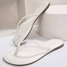 Memory Foam Comfortable Flat Thong Sandals For Women Dressy Summer Beach PU Leather Slide Flip Flops Shoes Slippers Slides - 白色 - 查看 2
