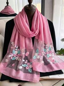 1pc Women's Elegant Hollow Faux Pearl Plaid Pattern Silk Scarf, Printed With Beautiful Flowers, Solid Color Shawl, Casual Headscarf And Neck Scarf, Suitable For Daily Wear And Summer Beach Sun Protection, Perfectly Matches Dresses, Suitable For All Seasons - Multicolor - View 6