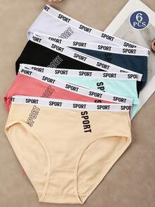 6-Pack Soft & Comfortable Women's Mid-Rise Briefs | Assorted Colors (Blue,Navy Blue Light Pink, Beige, Purple, Dark Gray), Athletic Underwear With Stylish "SPORT" Letter Print - 多色A - 查看 3