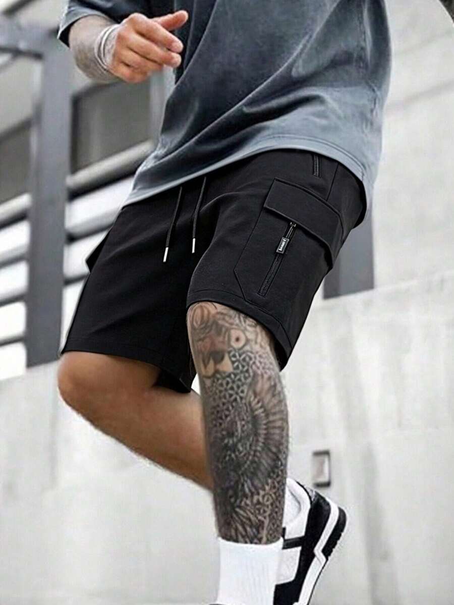American Streetwear Utility Cargo Shorts, Loose Casual Bermuda Shorts For Summer - Black - View 1