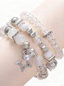 3pcs Women's Bohemian Style Crystal Beaded Silver-Tone Alloy Embedded Glass Rhinestone Star Pendant Bracelet Set - White - View 2