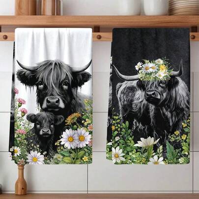 2pcs Highland Cow Pattern Kitchen Towel Set, Holiday Decor Towels, Super Soft Polyester Blend, Modern Style, Ideal For Holiday Decoration, Kitchen Decor, Dining Table Decor, Beautiful Towels, Holiday Gift Set