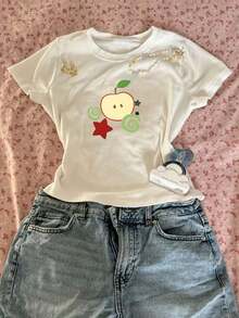 SUMMER Tops A Tight-Fitting Top, Creative Cute Apple Star Pattern Printed T-Shirt, Tight-Fitting Short-Sleeved Round Neck Casual Top, Summer And Spring, Women's Clothing Only Tops/No Bottoms L14658, Tops For Women, Vacation Outfits For WomenCasual Daily Wear,Easter Short Sleeves,Easter Outfits For Women - trắng - Xem 6