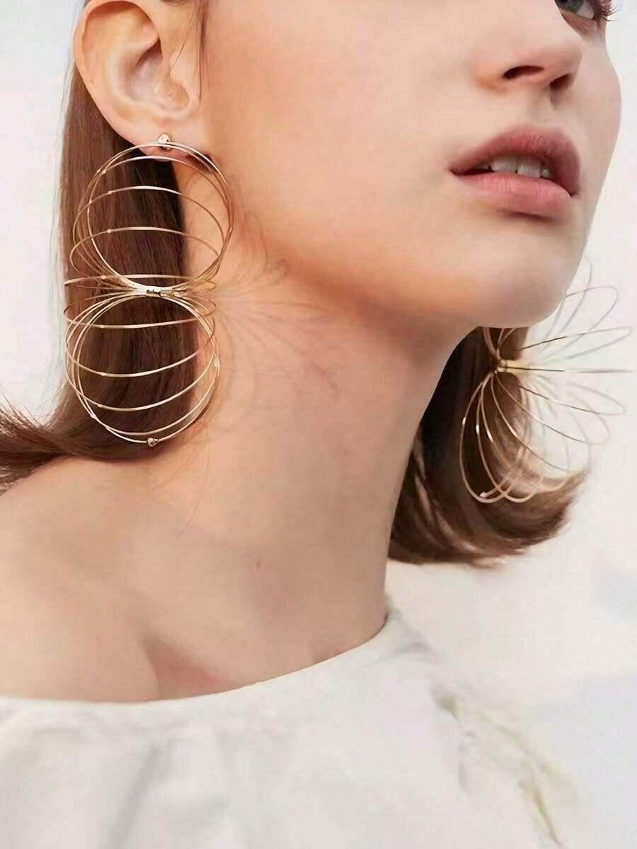 2pcs Minimalist Layered Golden WireSpiral Earrings, Multi-Layered Hoop & Firework Statement Women's Earrings , Lightweight Fashion Jewelry For Party & Daily Wear & Summer Beach & Night Out - Vàng - Xem 1