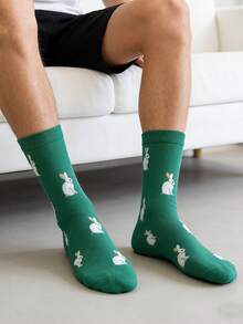 1双男士绿色底白色兔子图案中筒袜，四季皆宜。 - 彩色 - 查看 2