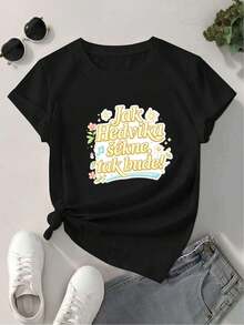 T-shirt décontracté pour femme, imprimé graphique noir, automne, 100 % coton, imprimé original, style décontracté et respirant - Noir - Voir 2