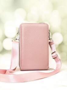 New Arrival Multi-Function Large Capacity Double-Layer Zipper Phone Wallet Crossbody Bag, Fashionable Minimalist Soft Pattern, Casual Vacation Date - Pink - View 5