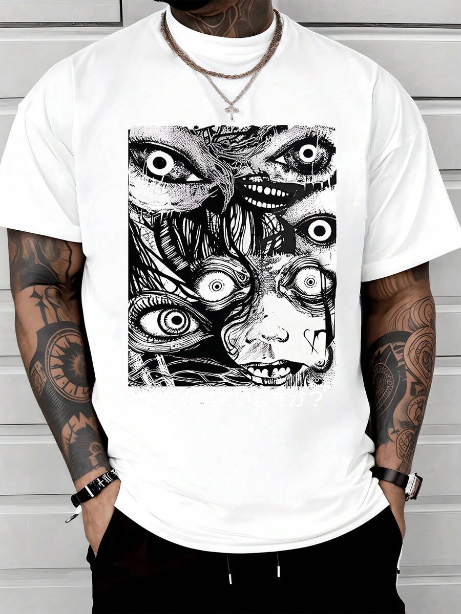 Ojos abiertos que miran desde distintos rostros simbolizan la búsqueda interior y la inquietud humana ante lo desconocido creando una sensación de profundidad mental camiseta de hombre casual moderna para calle arte gráfico impresionante - Blanco - Ver 1