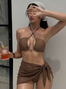 Bộ bikini đi biển gợi cảm màu trơn dành cho nữ, kiểu dây chéo cổ, kèm áo khoác ngoài và váy, thích hợp cho kỳ nghỉ hè. - màu nâu - Xem 6