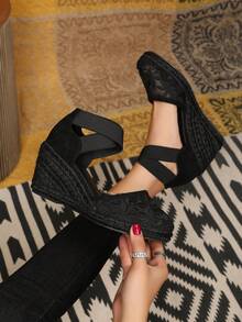 Breathable Backless Criss-Cross Elastic Casual Rope Wedge Sandals For Women - All Black - View 3