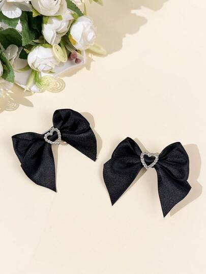 2pcs/Set Women's Music Festival Solid Color Rhinestone Heart Accessories, Bowknot Hair Clips, Iron Alloy Duck Clips, Suitable For Daily Use To Clip Bangs And Flyaways, Matching Outfits, Gift For Friends