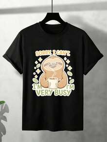Maglietta grafica con bradipo e caffè, tessuto di qualità, vestibilità comoda, street hip-hop, comoda, design grafico - nero - Visualizzare 2