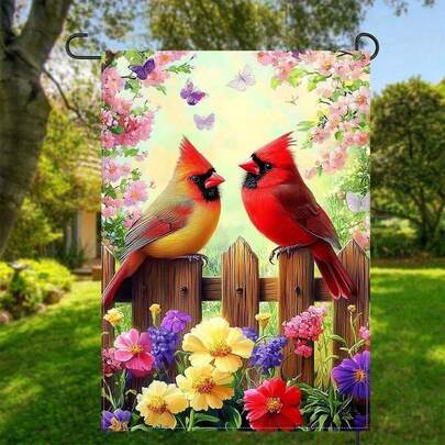 2D Flat, 1 Double-Sided Polyester Garden Flag- Vivid Cardinal And Blooming Flowers Design, 2D Printed Outdoor Decoration, Flagpole Not Included, Size 12x18inch| Birds And Flowers Theme| Durable Blend Material(2D Flat Printhing), 2D Flat