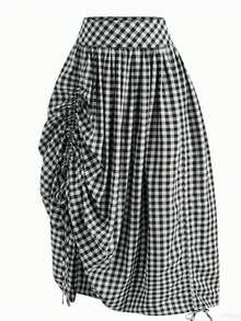 Plus Size Women's French Plaid Casual Pocket Ruffle Drawstring Versatile Skirt For Dates, Beach Spring Black - Black - View 1