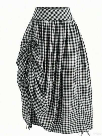 大码女式法式格纹休闲口袋荷叶边抽绳百搭半身裙，适合约会、海滩等场合