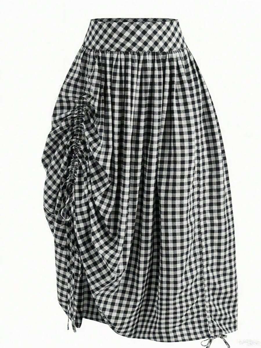 Plus Size Women's French Plaid Casual Pocket Ruffle Drawstring Versatile Skirt For Dates, Beach Spring Black - Black - View 1