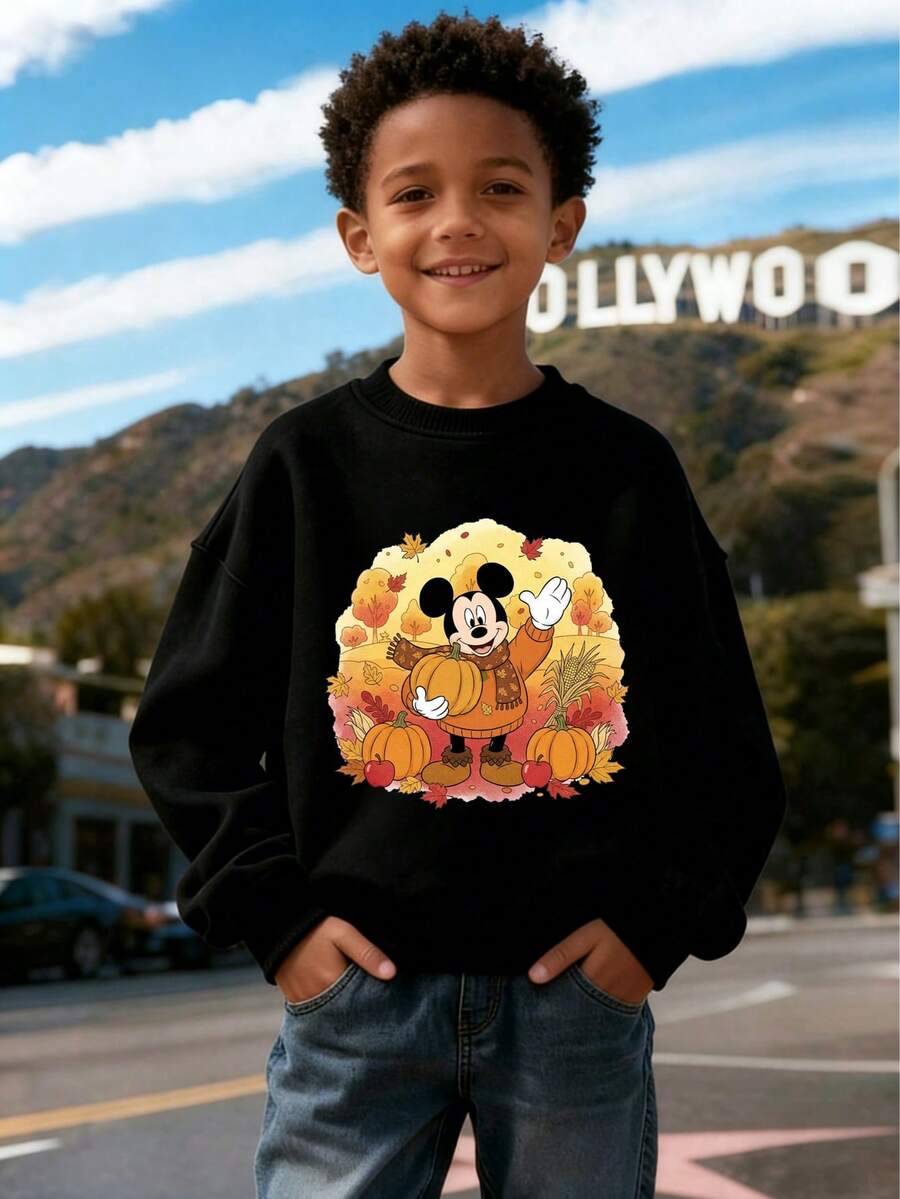 Disney Officially Licensed New Arrival Black Mickey Mouse Fall Pumpkin Print Sweatshirt For Boys & Girls Ages 1-14 | 100% Polyester, Ultra Comfortable & Super Soft | High-Appearance, High Turnout, Everyday Versatile, Commute Preferred, Disney Limited Edition Design, Relaxed Fit, Stylish | Perfect For Fall Casual Outings & Parent-Child Matching | Express Delivery - Black - View 1