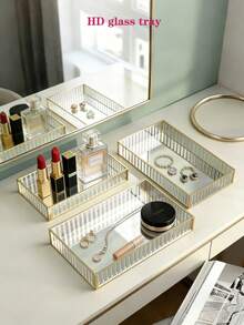 1 Exquisite Transparent Rectangular Glass Jewelry Tray, Nordic Light Luxury Style, Gold Metal Frame, HD Glass Mirror, Multifunctional Storage Box, Large Capacity Display Rack, Suitable For Placing Jewelry, Accessories, Decorations, Fragrances, Glasses, Makeup Brushes, Cosmetics, Lipstick, Perfume, Key Storage - View 1