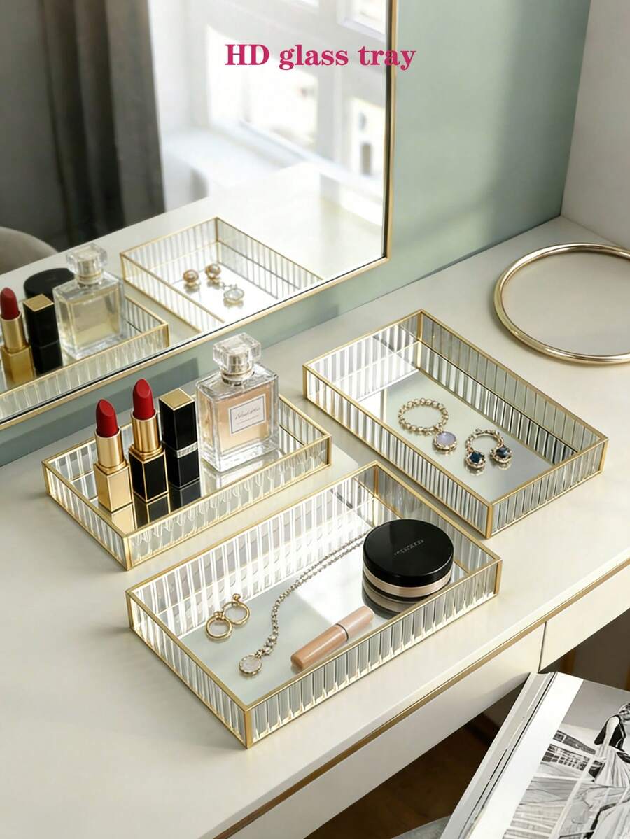 1 Exquisite Transparent Rectangular Glass Jewelry Tray, Nordic Light Luxury Style, Gold Metal Frame, HD Glass Mirror, Multifunctional Storage Box, Large Capacity Display Rack, Suitable For Placing Jewelry, Accessories, Decorations, Fragrances, Glasses, Makeup Brushes, Cosmetics, Lipstick, Perfume, Key Storage - View 1
