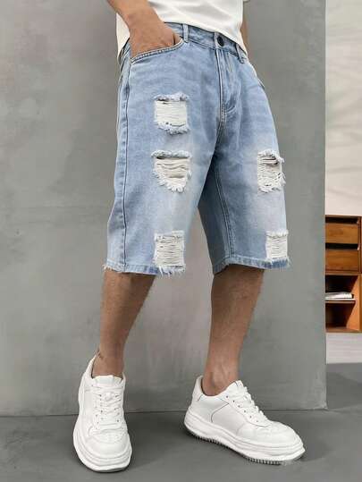 Men's Casual Distressed Pocket Loose Fit Denim Shorts, Summer Fashion