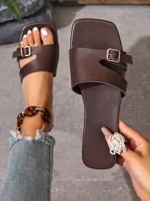 Sandalias deslizantes cuadradas con hebilla de metal minimalista y versátil de moda para mujer - Café integral - Ver 2