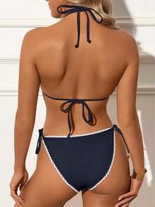 Blue Deep V Two-Piece Bikini Set, Fashionable For The Beach. - Blue - View 2