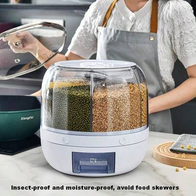 1pc Household Rice Storage Bin, Whole Grain Storage Canister, Moisture-Proof, Insect-Proof, Dust-Proof, 6-Compartment Rotating Transparent Visible Design, Sectioned Storage And Dispensing, Suitable For Rice, Beans, Grains And More, Essential Kitchen Storage Solution.