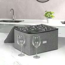 MU:4LIFE Caja de Almacenamiento para 12 Copas de Vino o Cristalería Contenedores con Divisores Removibles Tapa y Laterales Rígidos Gris - Gris - Ver 2