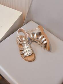 1 Pair Girls' Summer Casual Minimalist Vacation Style Outdoor Open Toe Flat Roman Sandals - Champagne - View 5