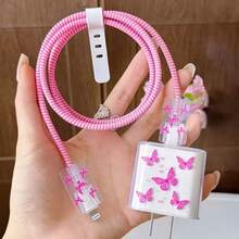 5pcs Hot Pink Butterfly Print 20W/18W Phone Charger Set, Charging Cable Protector, Charging Head Cover, Compatible With IPhone 11 12 13 14 15 16 17 - Hot Pink - View 1