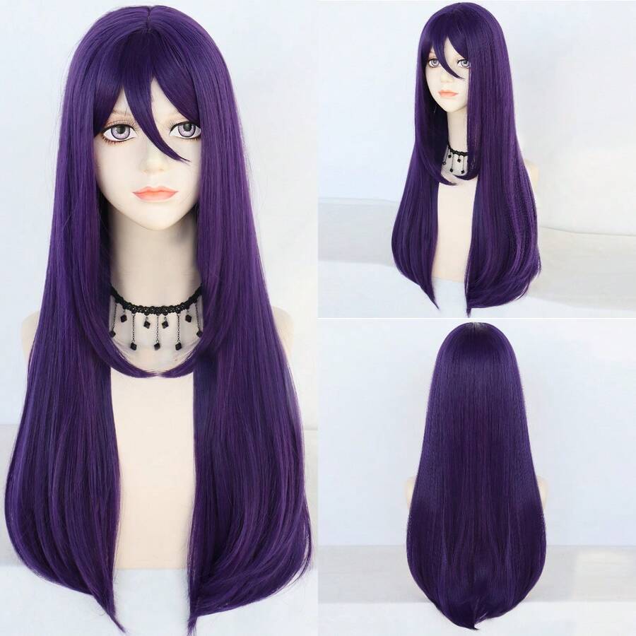 Peluca con flequillo ondulado y esponjoso, fibra resistente al calor de color morado intenso para mujer, elástica y ligera, adecuada para cosplay y disfraces de fiesta, llamativa - Morado - Ver 1