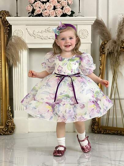 Baby Girls' Round Neck Printed Organza Cute Party Dress, Suitable For Wedding Flower Girl, Birthday Party, Fabric Floral Pattern Random, Comes With Hair Band