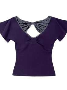 Y2K Fairy-Grunge Crop Top - A Summer Streetwear Essential. Featuring A Punk-Inspired Open-Back Design With A Bow Accent, This Cute Baby Tee Silhouette Boasts A Polka-Dot Pattern And Short Sleeves. Its Slim, Figure-Flattering Fit Makes It The Perfect Choice For Girls With An Emo Aesthetic. - 紫色 - 查看 4