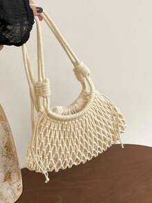 Summer New Women's One Shoulder Diagonal Casual Crochet Hollow Bohemian Style Chic Versatile Tote Bag, Suitable For Beach Vacation, Beach Travel And Other Occasions - White - View 5