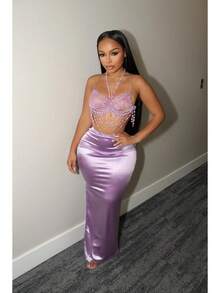 European And American Women's Fashion Solid Color Unique Shiny Drapey Satin Slit Slim-Fit Bodycon Skirt - Hồng - Xem 10