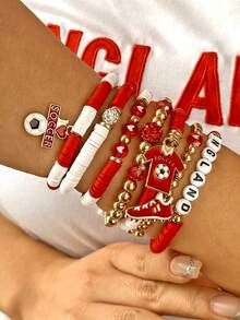 7件套时尚足球主题弹力手链，多层叠戴软陶珠手链，男女皆宜 - 英格蘭 - 查看 5