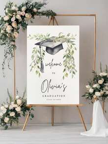 1pc Customized Green Graduation Poster, Graduation Welcome Sign Template, Minimalist Graduation Party Sign Template, Graduation Cap Logo, Graduation Party Welcome Poster Decor, Graduation Yard Sign, Graduation Party Decor Welcome Poster - Multicolor - View 3