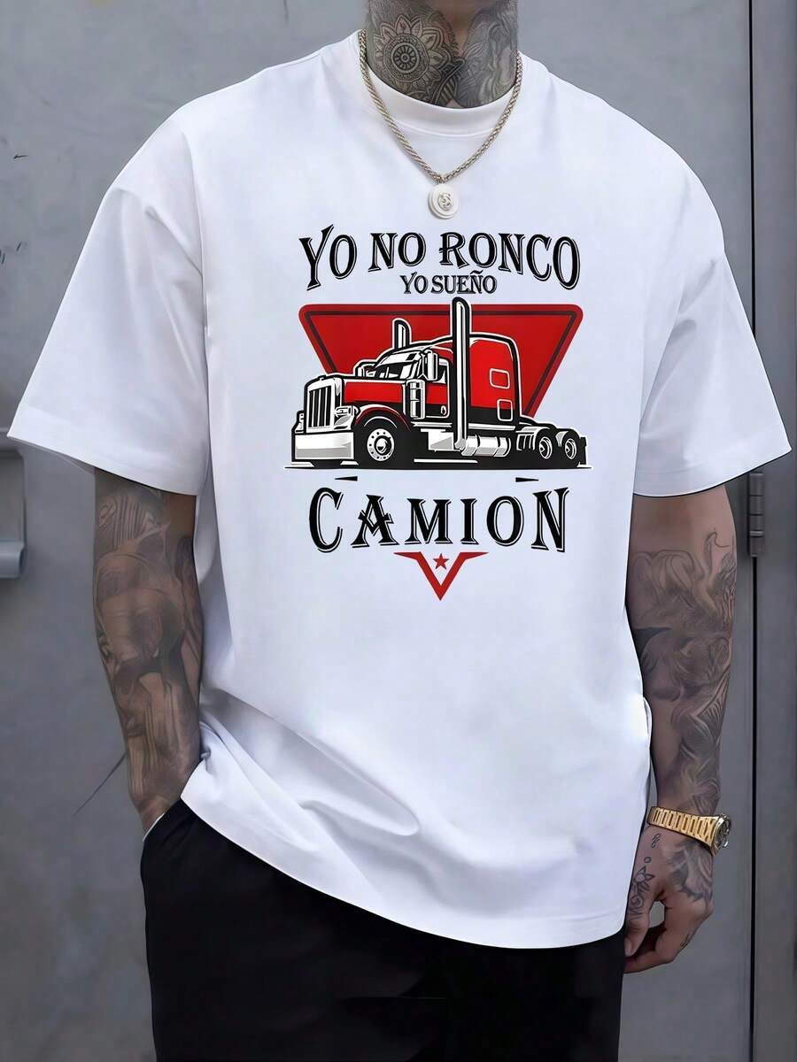 Un potente camión rojo sobre fondo triangular simboliza la pasión por la carretera la fuerza del conductor y el orgullo de quien sueña con la libertad del motor camiseta de hombre cómoda para amantes del transporte y la aventura - Blanco - Ver 1