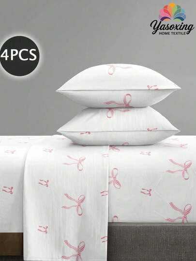 4件套粉色蝴蝶结图案床单套装，易于打理的超细纤维柔软床上用品套装，花卉图案床笠套装（1张床单+1张床笠+2个枕套），床笠套装，适用于特大号、大号、标准双人床、单人床尺寸，床笠深口袋设计，枕套最大可达11.8英寸，柔软透气，不易起皱，更有利于睡眠，奢华酒店风格，送给父母、朋友的礼物，甜美少女风