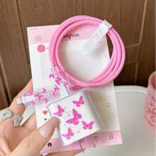 5pcs Hot Pink Butterfly Print Charging Accessory Set, 20W/18W Charger, Cable Protector, Charging Head Cover, Compatible With IPhone 11 12 13 14 15 16 17 - Hot Pink - View 4