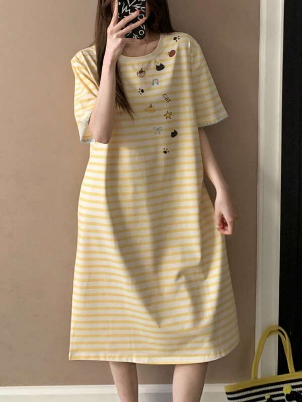 黄色条纹不对称新月形短袖睡裙，春夏款