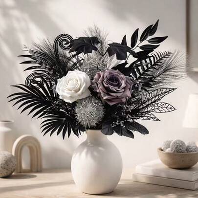 1束“迷雾花束”人造花装饰，包含迷雾花、暮光紫花、霜白花、羽毛草、细雾草、墨色枝叶、灰影叶、空心叶和弯曲枝条，整体以黑、白、灰为主色调，点缀柔和的紫色调，设计自然且层次分明，适合现代简约、北欧、奢华、工业风等家居空间，例如客厅、玄关柜、书房、样板间等。
