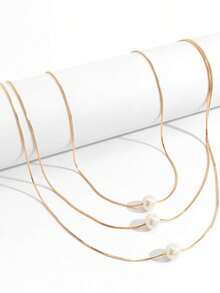 2pcs Fashionable Versatile Elegant 3-Layer Faux Pearl Pendant Necklace, Geometric Thin Chain Necklace Suitable For Women's Daily Wear, Gift - Yellow Gold - View 3