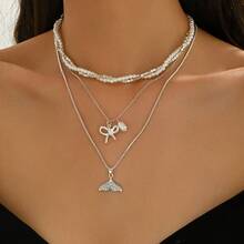 Multi-Layer Rhinestone Fish Tail & Bow Pendant Necklace, Layered Faux Pearl Jewelry Suitable For Women's Daily Wear - Silver - View 7