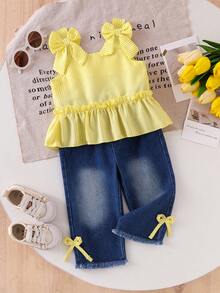 2pcs Baby Girl Sweet & Fresh Striped Ruffle Back Button Half-Placket Bow Strap Top And Bowknot Frayed Waist Elastic Waist Denim Pants Set - Yellow - View 2