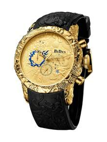 BIDEN 1pc Men's Large Dial Wrist Watch, Military Chronograph 3D Dragon Engraved Waterproof Sports Watch, Elegant Gift For Men - Gold - View 8