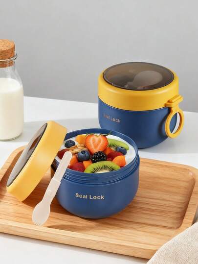 1个蓝色燕麦杯，可微波炉加热，适合工作、学校和户外活动，也可作沙拉杯，保温套装。分格午餐盒，返校学生用品。