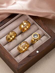 Bộ 4/5 chiếc nhẫn thời trang thanh lịch kiểu Pháp lãng mạn, mạ vàng 18K, thép không gỉ hai lớp mờ, đính đá Cubic Zirconia hai hàng, nhẫn nữ kiểu La Mã, quà tặng cho người yêu, mẹ, thích hợp đeo hàng ngày. - Bộ 4 nhẫn chữ số roma mờ - Xem 27